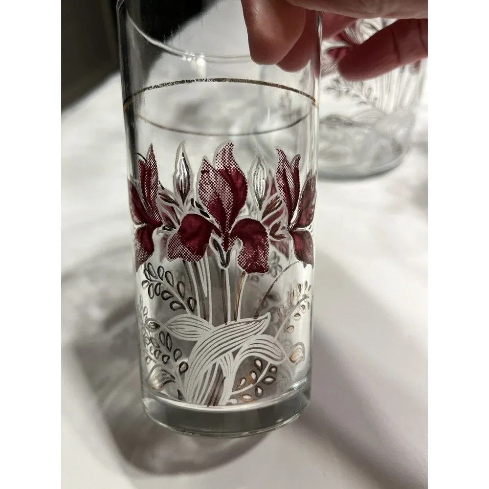 6pc Vtg Floral Glass Water Juice Pitcher w 10oz Drinking Tumblers Glasses Italy